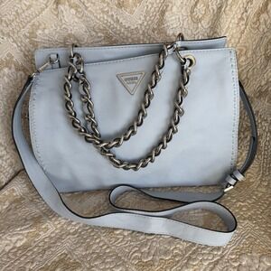 Guess Purse Sawyer Satchel Light Blue Y2K Chain Logo Shoulder Strap *Flaws*